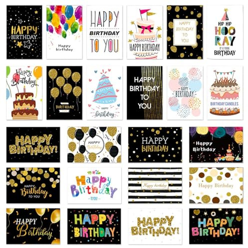 Zyluniy 24 Pezzi Biglietto di Auguri Compleanno, Biglietti di Vompleanno con Busta e Adesivi, Cartoline Biglietti Piegati Compleanno per Uomini, Donne, Bambini, Biglietti Auguri di Buon