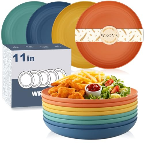 Wrova Reusable Large Plates Set of 8-11 INCH Plastic Plate Unbreakable Salad Plate Dishwasher & Microwave Safe Big Deep Plates for Kitchen - Colorful