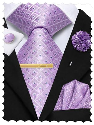 Hi-Tie Lilac Purple Ties for Men Silk Mens Tie and Pocket Square Cufflinks Lapel Pin Clip Pin Set Necktie for Wedding