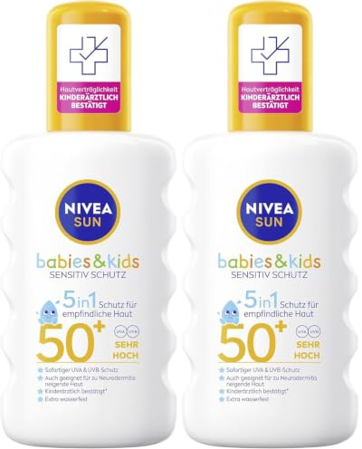 NIVEA SUN Babies & Kids Sensitiv Schutz 5in1 Sonnenspray LSF 50+ 2er-Set, extra wasserfestes Sonnencreme Spray für Kinder, duftfreier Sonnenschutz auch für zu Ekzemen neigende Haut (2 x 200 ml)
