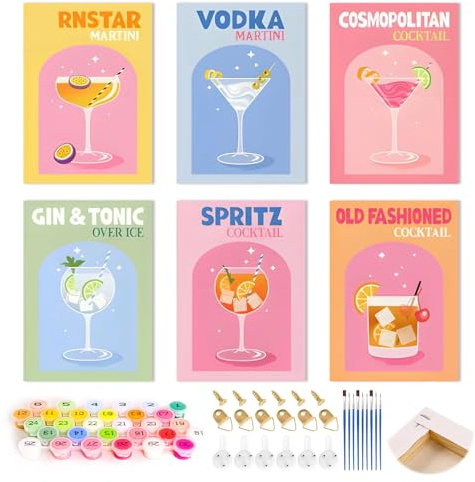 Connextion 6 Stück Malen Nach Zahlen Cocktail mit Rahmen, Paint by Numbers DIY Cocktails Malen Nach Zahlen Erwachsene mit Pinseln und Acrylfarben Handgemalt Leinwand für Home Décor (15x20cm) (Stil 1)