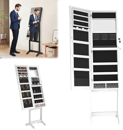 UISEBRT Spiegel Schmuckschrank Verstellbarer Schmuckregal Schmuckaufbewahrung mit LED-Leuchten und Sicherheitsschloss 2-in-1 Stehendes Spiegelschrank 152 x 39,5 x 36,5 cm Weiß