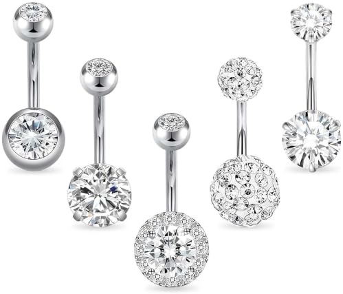 louuuou 5 PCS Belly Button Bars Silver, Surgical Steel Belly Bars