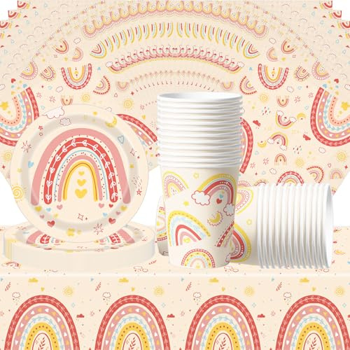 61 Pieces Bohemian Rainbow Party Tableware, Décoration arc-en-ciel pour fête d'anniversaire d'enfants, comprenant des assiettes, des serviettes, des tasses et des nappes, pour 20 personnes
