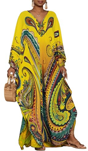 Bsubseach Kaftan Dresses for Women Ethnic Print Plus Size Beach Cover Ups Batwing Sleeve Caftans with Pockets Yellow