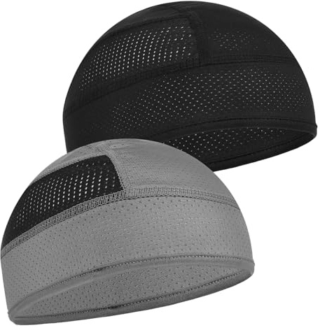 KFHENSOMR 2 Pcs Helmet Liner Skull Cap for Locs Mesh Cooling Cap Sweat Wicking Cycling Head Caps for Men Women Running Motorcycle, Fits Under Helmets (Black, Gray)