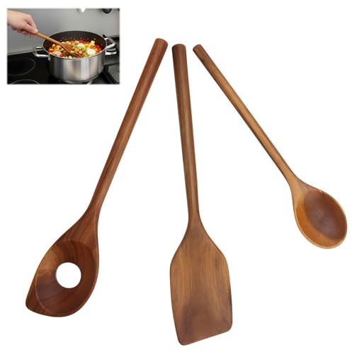 Set de utensilios de cocina madera 3 piezas - Espátula de madera, cuchara de madera y cucharón - Utensilios cocina madera para sartenes antiadherentes
