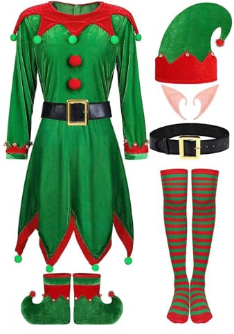 Damen Weihnachtskostüm Wichtel Kostüm Elfen Kostüm Langarm Weihnachtskleid + Hut + Elfenschuhe + Socken + Gürtel