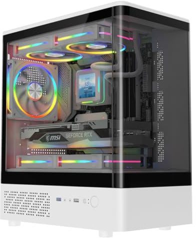 CiT F3 Curved Glass mATX Gaming PC Case - Panoramic Curved Front & Side Tempered Glass - 3x 120mm ARGB Fans Included - Daisy Chain Lighting - USB 3.0 + USB 2.0-240mm AIO Support | White