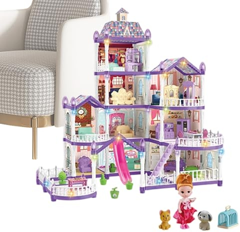 Mädchen Puppenhaus, 4-stöckige 13-Zimmer Miniatur Villa zum Zusammenbau, Spielset Mit 3 Prinzessinnen & 2 Welpen Und Möbel Zubehör, Für Kinder von 4-6 Jahren Rollenspiel Vorstellungsspiel