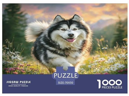 Puzzle da 1000 pezzi per adulti con simpatico cane Husky che corre in un prato fiorito, gioco educativo di decompressione, ottima idea regalo 70x50 cm/1000 pezzi