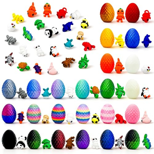 nnOuOnn 24Pcs Mini 3D Printed Animals with 24 Easter Eggs, Colourful Small Animal Figurines Set, Cute Articulated Flexible Fidget Toys for Adult, Office Home Decorations Birthday Gifts
