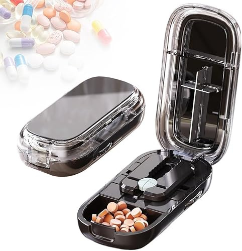 Tablettenteiler, 2026 NEW Pill Cutter,Pillenschneider,Tabletten Teiler für Große und Kleine Tabletten,Medikamententeiler mit Aufbewahrungsfach,für Reise & Haustier (Black-1/4+1/2)