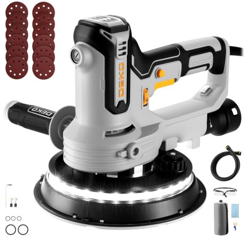 DEKOPRO 710W Electric Drywall Sander, 1000-2100RPM 6 Variable Speed Wall Sander with Vacuum, LED, Dust Bag & Hose, 360° Rotating Disc, 12 Sanding Discs, Safety Kit & BS Plug