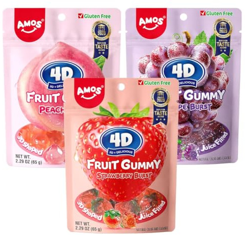 AMOS 15 pièces de bonbons gélifiés 4D, 3 saveurs (fraise, pêche et raisin), bonbons fruités fourrés au vrai jus de fruits, 65 g/sachet