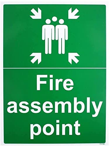 V Safety Fire Assembly Point Sign with Family Icon - Outdoor Emergency Meeting Point Signage - 300mm x 400mm Portrait, 1mm Rigid Plastic, Green & White - EN ISO 7010 Compliant
