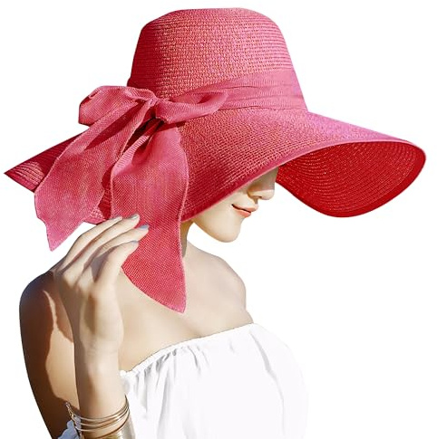 Lanzom Sombrero de paja grande de 5.5 pulgadas para mujer, de 5.5 pulgadas, plegable, enrollable, sombrero de playa, UPF 50+