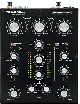 OMNITRONIC TRM-202 MK3 2-Kanal Rotary-Mixer mit 3-Band-Frequenzisolator | Gainregler, 2-Band-Equalizer und Phono/Line-Umschaltung | Effektive Boost- und Kill-Funktion | Blue Velvet RK27 Potentiometer