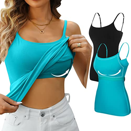 CharmLeaks 2 Pack Women Cotton Camisole Spaghetti Strap Cami Vest Top, Black & Aqua, M