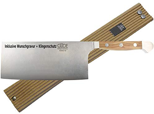 Güde Alpha Olive Messer Kochmesser Santoku Brotmesser Schälmesser Schinkenmesser Chai Dao ohne/mit Gravur + Prymo Farbe 2) Messer MIT Gravur, Größe Chinesisches Kochmesser 18cm