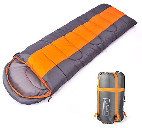 Camping Schlafsack, 3 Jahreszeiten-Schlafsack mit Kapuze Umschlag, Indoor & Outdoor Erwachsene Winter Schlafsack für Rucksackreisen Wandern Reisen mit Kompression Tasche (orange/Grey Zipper L)