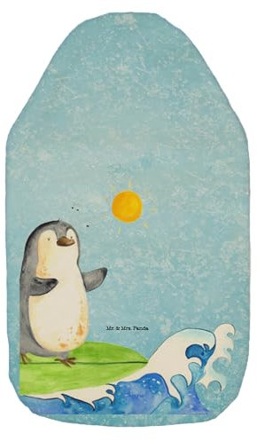 Mr. & Mrs. Panda Wärmflasche Pinguin Surfer - Geschenk, Kleine Wärmflasche, Bettflasche, Wellen, Wärmekissen, Wärmflaschenbezug, Hawaii,