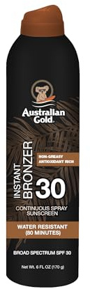 Australian Gold Continuous Spray Sunscreen with Instant Bronzer SPF 30, Immediate Glow & Dries Fast Water Resistant NonGreasy Oxybenzone Free Cruelty Free, Bronzer New, Orange, 6 Oz