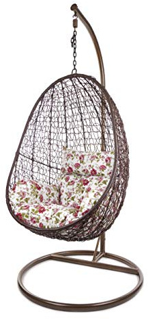 Kideo Komplettset: Hängesessel mit Gestell & Kissen, Korbsessel, Poly-Rattan (Gestell- und Korbfarbe: braun, Kissen: Blumenmuster Nest (3761 Roses))