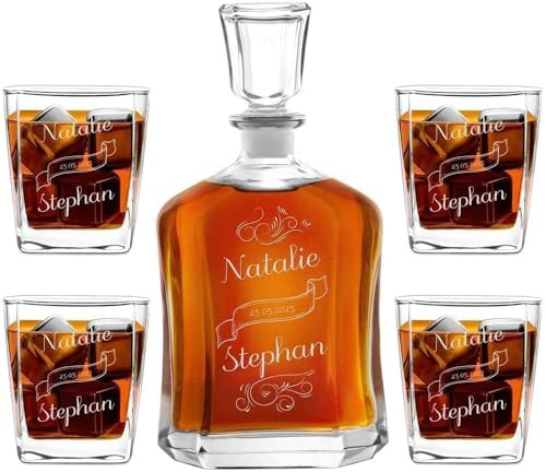 Maverton Whiskey Karaffe + 4 / 6er Whiskygläser Set mit Gravur - 700ml Whisky Dekanter - Geschenk zur Hochzeit für Paar - Namen