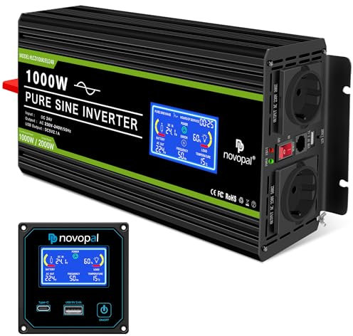 NOVOPAL Convertisseur Pur Sinus 1000W Onduleur Convertisseur 24V 220V 230V avec télécommande et Dual AC Prises et écran LCD,pour Voiture, Caravane, Bateau, Camping, Voyage