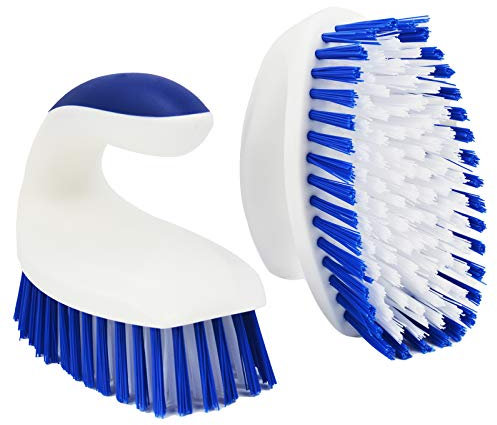 ITTAHO 2 spazzole con setole rigide per la pulizia, spazzola per strofinare le mani con manico solido per pavimenti, tappeti, piastrelle, vasca da bagno, bagno, terrazza (blu-bianco)