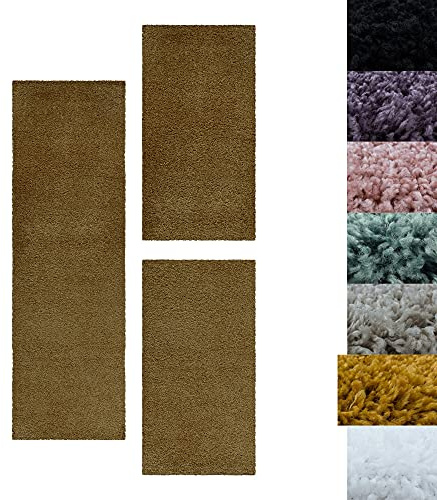SIMPEX Bettumrandung Schlafzimmer 3teilig Shaggy Hochflor Teppich Gold Bettset: 2 mal 60x110 + 1 mal 80x150 - Schlafzimmer Teppich 3 Teilig Läufer Extra Weich Flauschig Bettvorleger Läuferset Halı