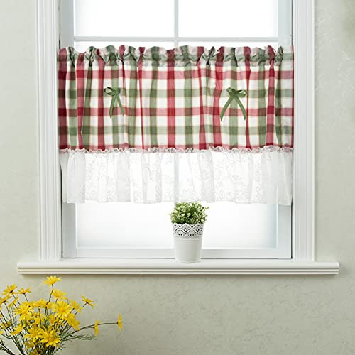 Ricemru Bistrogardinen Kariert 100 Hoch mit Spitze Scheibengardine Landhausstil Blickdicht Küche Kurz Küchengardine Kurzvorhänge Fenstervorhang Cafe,130x100