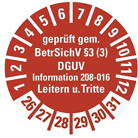 100 Stück - Prüfplakette Mehrjahresprüfplakette geprüft gemäß Leitern/Tritte, BetrSichV §3 | 26-31 Etikett Folie Aufkleber, rot | Ø15-40mm Made in Germany, Größe: Ø30 mm