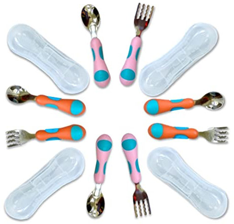 Toddler Silverware,Kids Utensils, Stainless Steel Forks Spoons Set With Travel Case For 1,2,3 & 4 Year Old. Metal Cutlery for Children,Girls Boys Baby,Round Handle 8 Pieces (4 Sets) Pink Blue, Orange