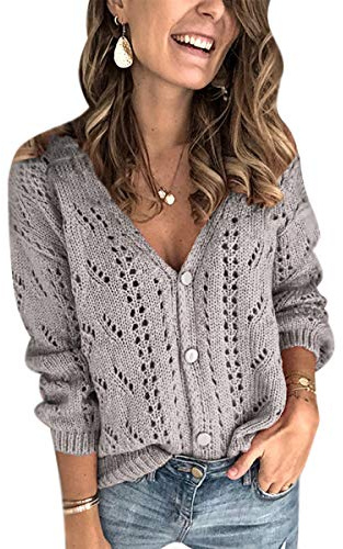 Tomwell Cardigans Femme Couleur Unie Grande Taille Manche Longue Tricot Évider Col en V Cardigans Pull Casual Col V avec Boutons Veste Chic Cardigan Chemise A Gris L