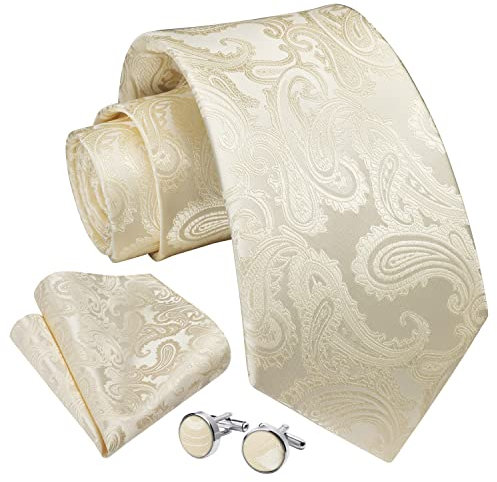 Enlision Beige Champagner Krawatte Herren Paisley Hochzeit Krawatten und Einstecktuch mit Manschettenknöpfe Set Elegant Seide Einfarbig Seidenkrawatte mit Taschentuch Business Party