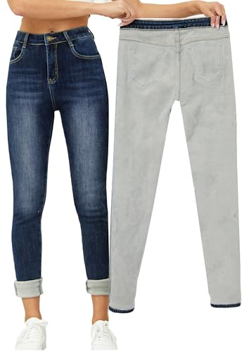 Yehopere Jean d'hiver doublé en Polaire pour Femme, Coupe ajustée, Chaud, Taille Haute, Taille L