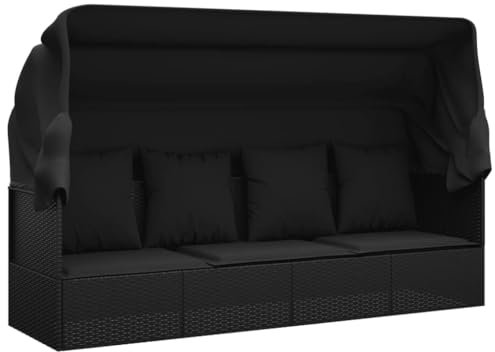 vidaXL Outdoor Loungebett, Verstellbar Gartensofa mit Kissen Dach, Sonnenliege mit Stahlrahmen, Relaxliege Lounge Sofa, Schwarz Poly Rattan