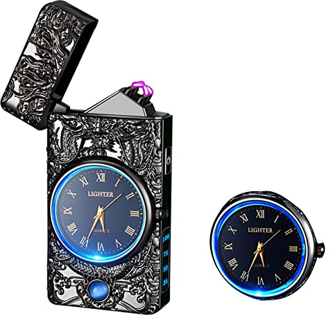 RSBYEFeuerzeug Elektrisch, Lichtbogen mit Uhr, Plasma, USB-Wiederaufladbar, Geschenkbox, für Männer und Damen (Schwarz)