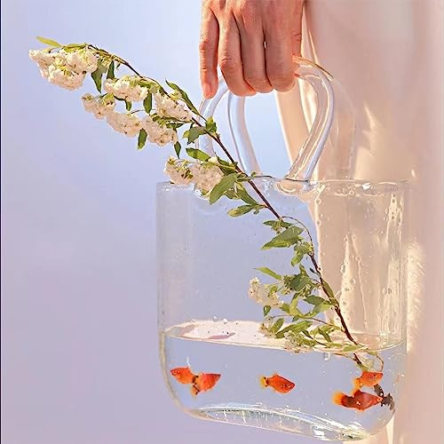 Glass Vase with Elegant Purse Design, Hand Purse vase with Fish Bowl, Unique Flower Vase with Handle and Bubbles - for Home Decor/Office/Garden/Wedding Decor/Enterpiece/Events(Light Pink)