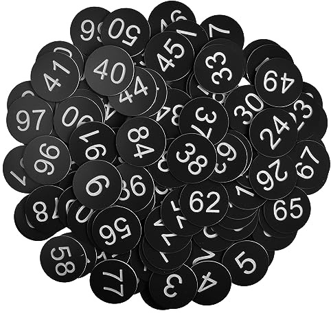 100 Stück Nummernschilder aus Kunststoff, Zahlenmarken, Schlüsselanhänger Zahlen, 1-100 Graviert Nummeriert ID Tags, ABS Tischnummern Ohne Loch für Hotels Fitnessstudio Tierhause (Negro)