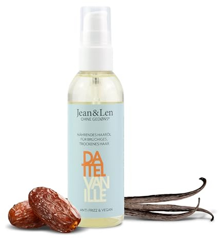 Jean & Len Olio capelli nutriente al dattero e vaniglia, per capelli secchi e fragili, con effetto anticrespo e facili da pettinare, all’aroma di vaniglia, senza siliconi e parabeni, vegano, 100 ml