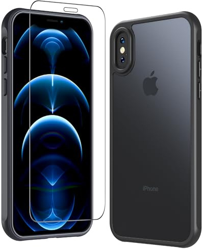 Hülle für iPhone X, Matt Transluzente Hülle iPhone XS Militärschutz Stoßfeste Schutzhülle mit Panzerglas für iPhone X/XS Anti-Fingerabdruck Kratzfeste TPU Bumper iPhone X Case (Schwarz)
