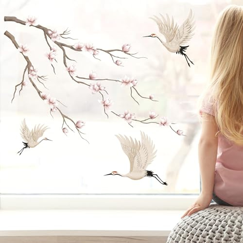 Wandtattoo Loft Fensterbild Frühling Magnolienzweig mit Kranichen bunt farbig wiederverwendbare Fensteraufkleber Kinderzimmer Baby Kind, Osterdeko, A4 Bogen