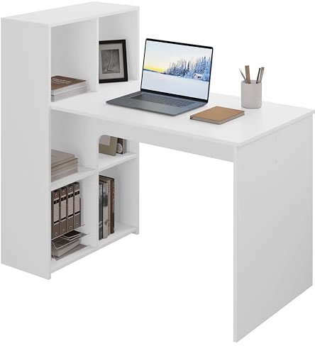 eSituro Schreibtisch mit 6 Regalen, 120x63 cm Computertisch weiß mit Stauraum, Bürotisch PC Tisch, Eckschreibtisch für Arbeitszimmer Wohnzimmer Schlafzimmer Büro, Links Oder Rechts Montierbar