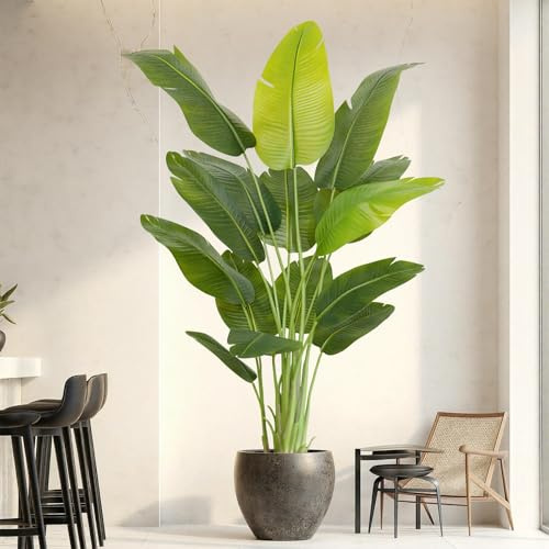 ZEEOZE 200cm Artificial Bird of Paradise Plant Tall Fake Tropical Palm Tree Large Fake Plants with 15 Silk Banana Leaves Faux Plant Indoor Decor Trees with White Pot for Home Bedroom Living Room Decor