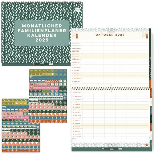 Boxclever Press Monatlicher Familienplaner 2025 6 Spalten. Kalender 2025 Wandkalender ab sofort nutzbar bis Dez’25. Wandkalender 2025 Groß mit Monatsansicht. Familienkalender 2025 mit Stickern.
