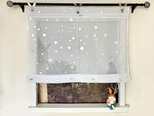 Devola Raffrollo mit Glanzdruck Voile Raffgardinen Bändchenrollo Moderne Küchenvorhang Kurz Transparent Fertiggardinen Wohnzimmer HxB 130x60cm Silbrig mit Hakenösen 1 Stück