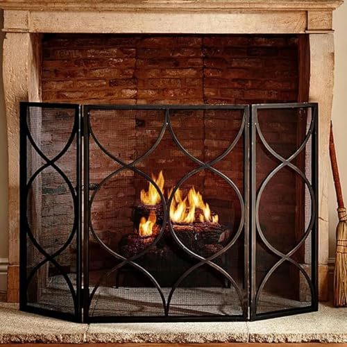 BTURYT Single Panel/3 Panels Black Fireplace Screen, Fire Spark Guard for Living Room, Chimney Furnace Fireplace Grate, Solid Wrought Iron Fireplace Cover